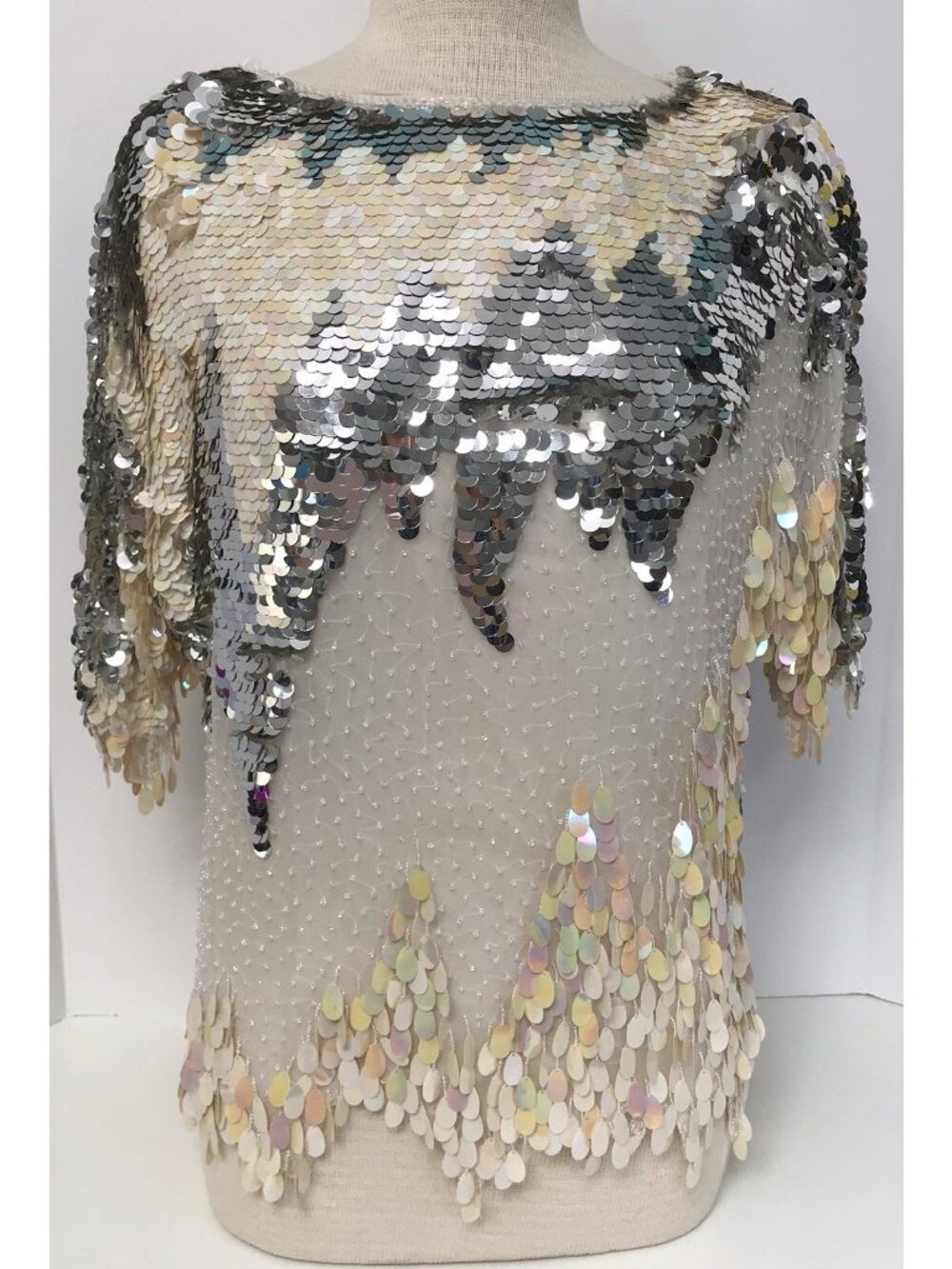 Vintage St Honore Shirt Womens Medium White Silver Ivory Sequin Beaded Silk 80s
